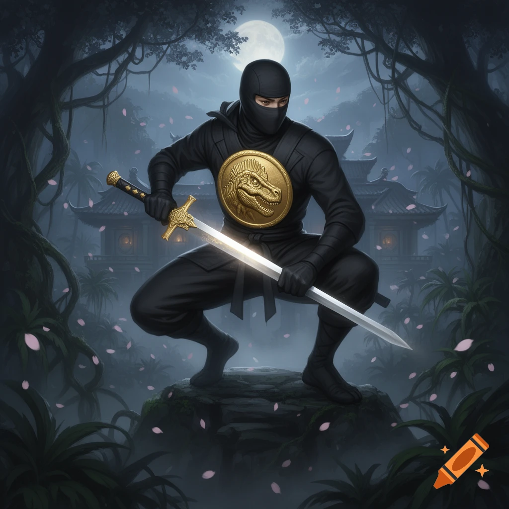 A ninja in a black suit with a dinosaur medallion crouches holding a glowing sword in a misty, moonlit forest with a Japanese temple. Stylized illustration.