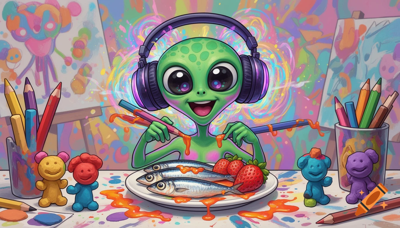 A vibrant, whimsical illustration of a happy green alien with big eyes and headphones, eating fish and strawberries at an art table.