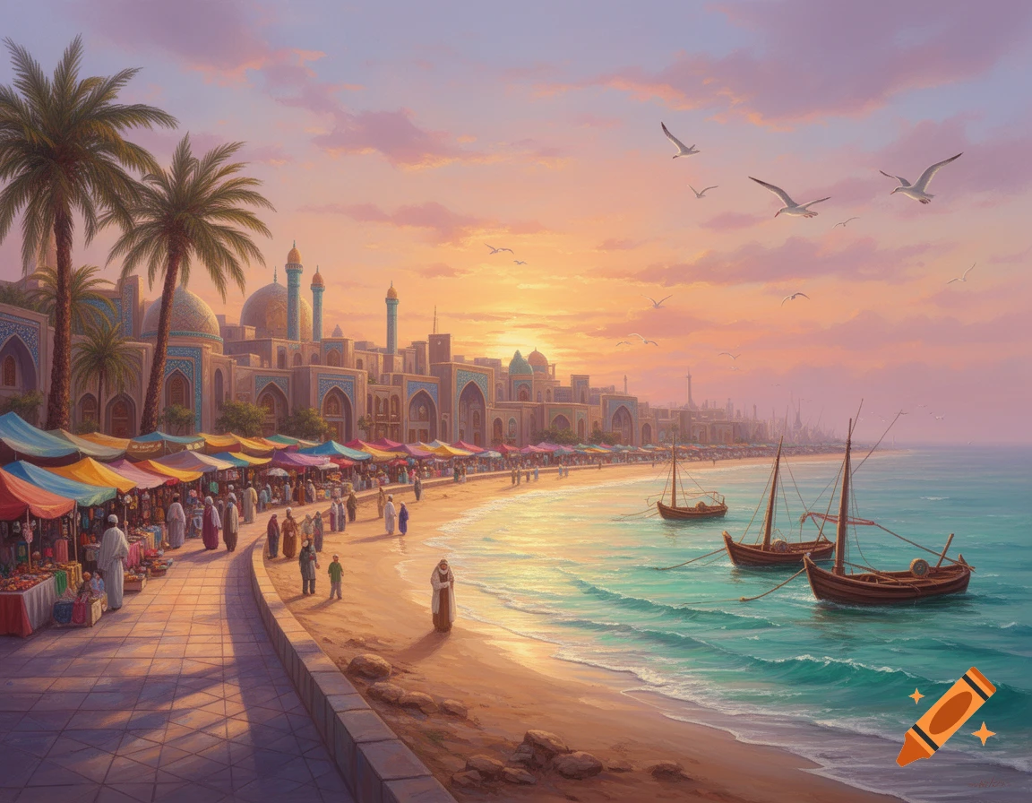 A vibrant painting of a bustling coastal market in a Middle Eastern city at sunset, with ornate buildings, palm trees, and boats on the sea.
