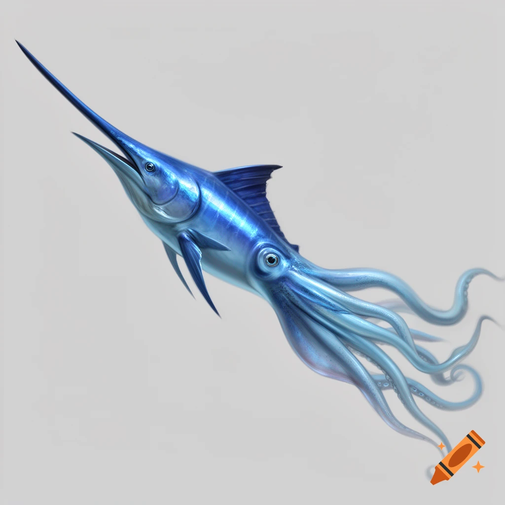 A vibrant blue marlin-squid hybrid with a long bill and tentacles replacing its tail, against a light gray background.