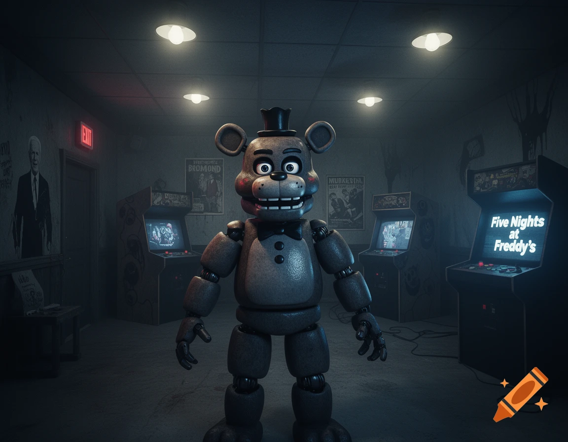 A stylized animatronic bear from Five Nights at Freddy's stands in a dimly lit arcade with a 'Five Nights at Freddy's' cabinet.