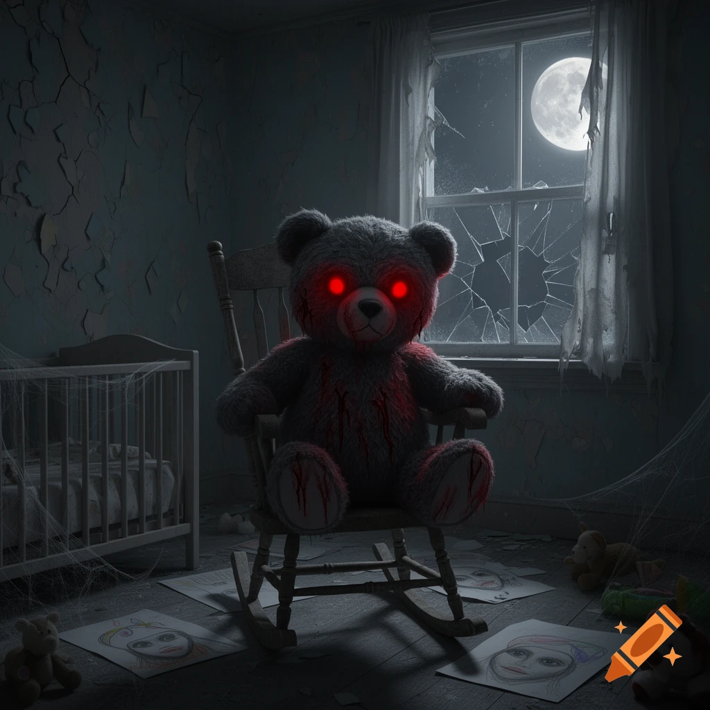 A creepy teddy bear with glowing red eyes and blood-like stains sits in a rocking chair in a desolate room with a broken window and full moon.
