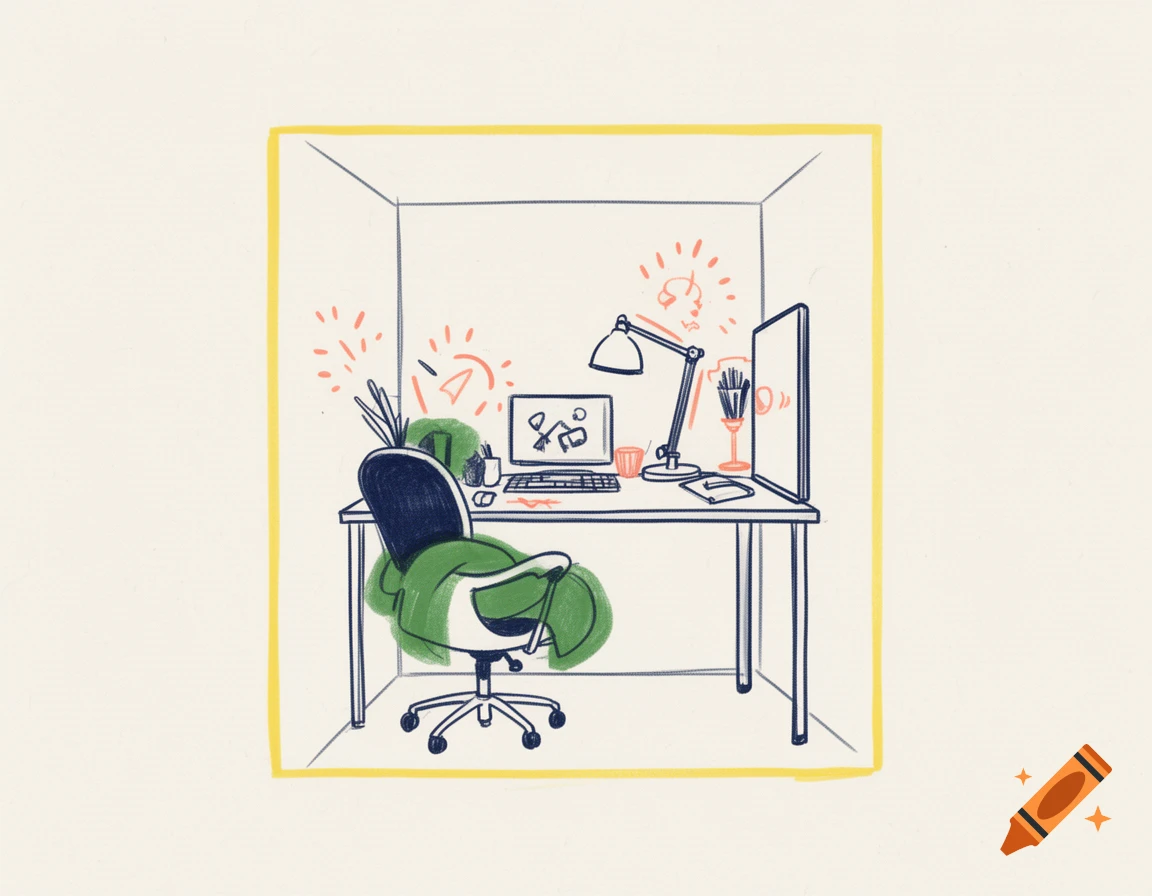 Minimalist hand-drawn sketch of an office desk with a chair, laptop, lamp, and monitor, framed in yellow.