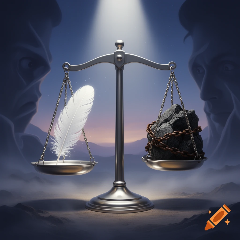 A conceptual image of a silver balancing scale with a glowing white feather on one side and a chained dark rock on the other.