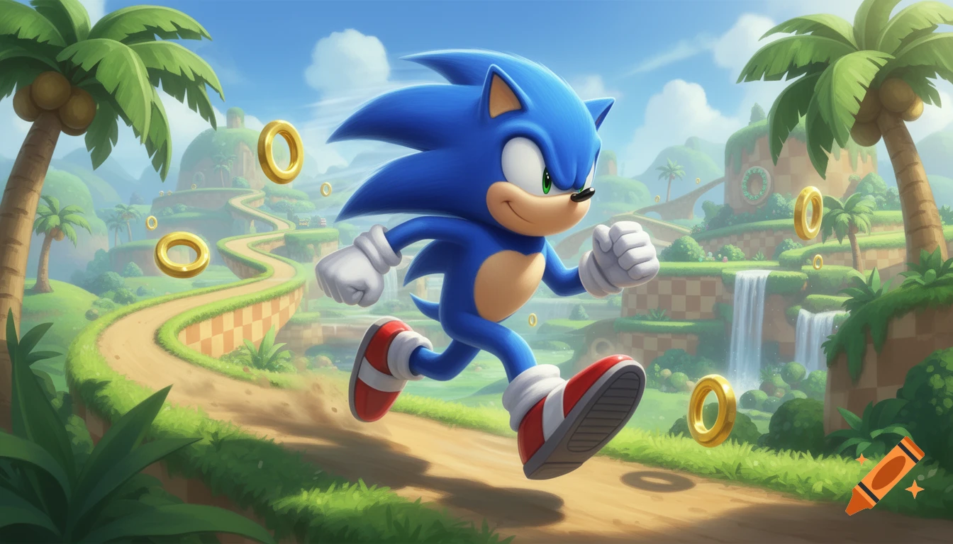 Classic Sonic the Hedgehog runs through a vibrant Green Hill Zone-like landscape with palm trees, waterfalls, and golden rings.