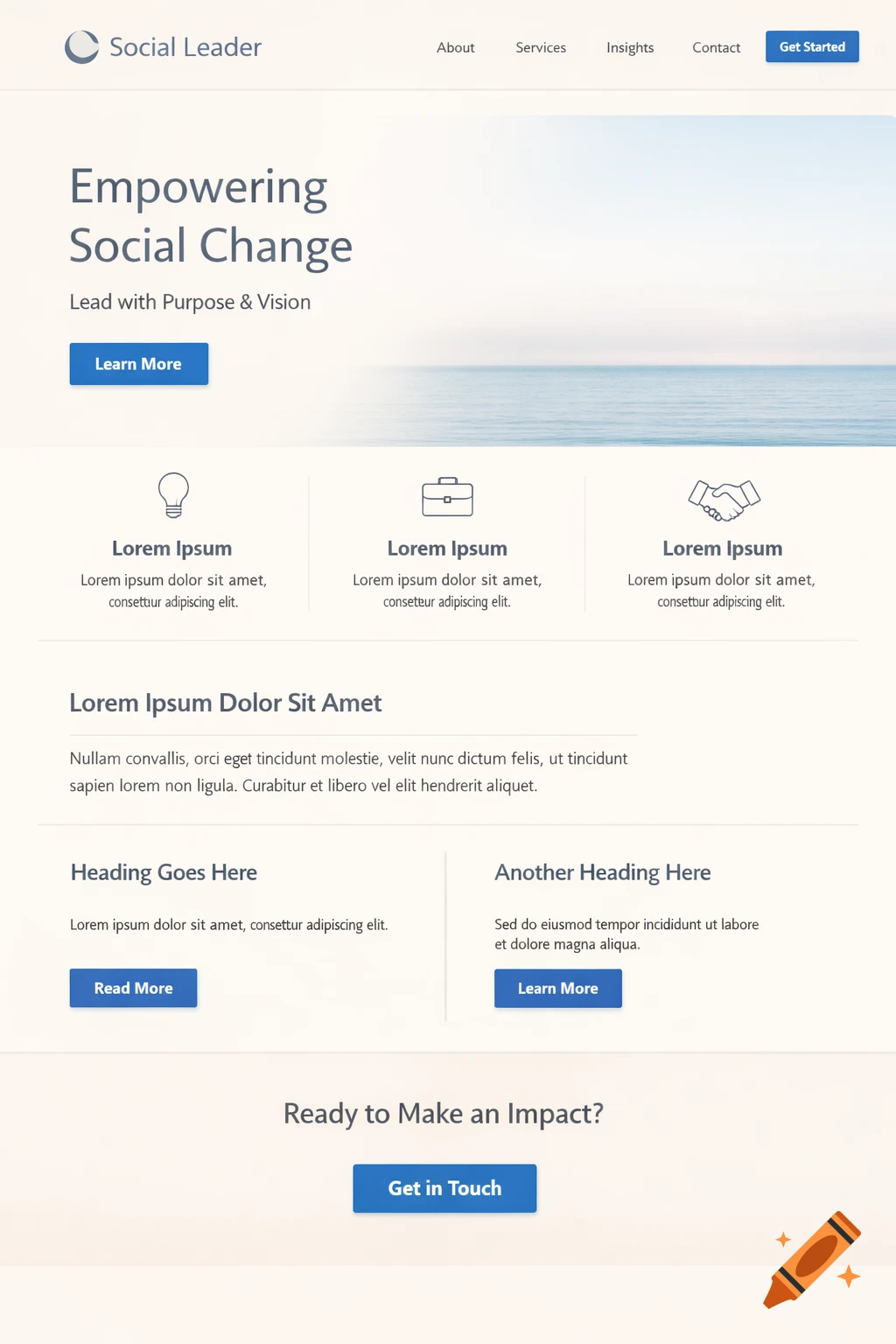 A clean, minimal website design with a header for 'Social Leader', sections like 'Empowering Social Change', and placeholder content blocks, all in soft beige and light blue tones with blue buttons.