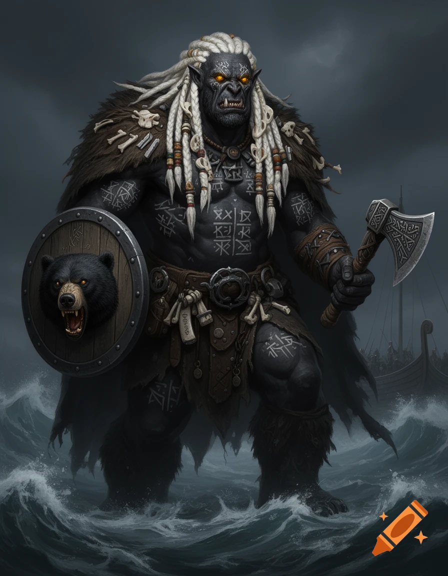 A dark-skinned, muscular fantasy warrior with white dreadlocks, holding an axe and a shield with a bear head, standing in a stormy sea with longships.