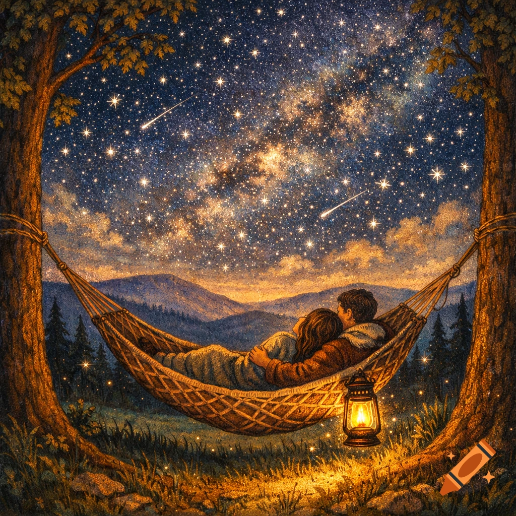 Folk art painting of a couple in a hammock under a starry night sky with trees and mountains.