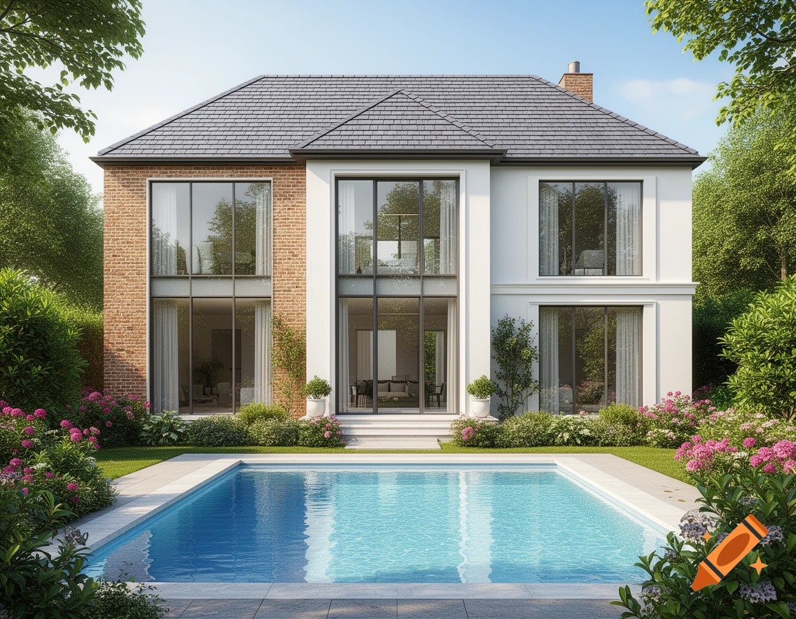 Photorealistic image of a modern three-story house with brick and white facade, surrounded by a lush garden and a swimming pool.