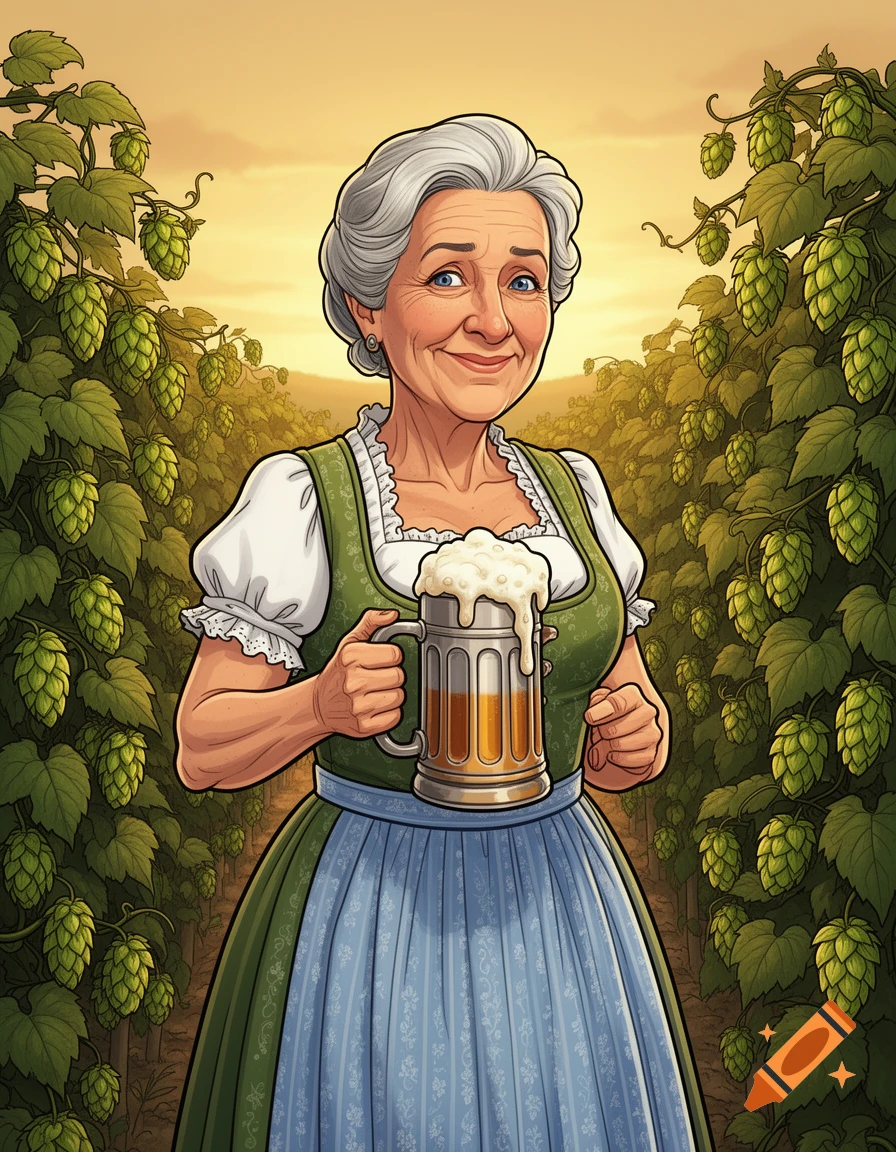 Cartoon portrait of an elderly Bavarian woman in a dirndl, smiling and holding a beer mug in a hop field.