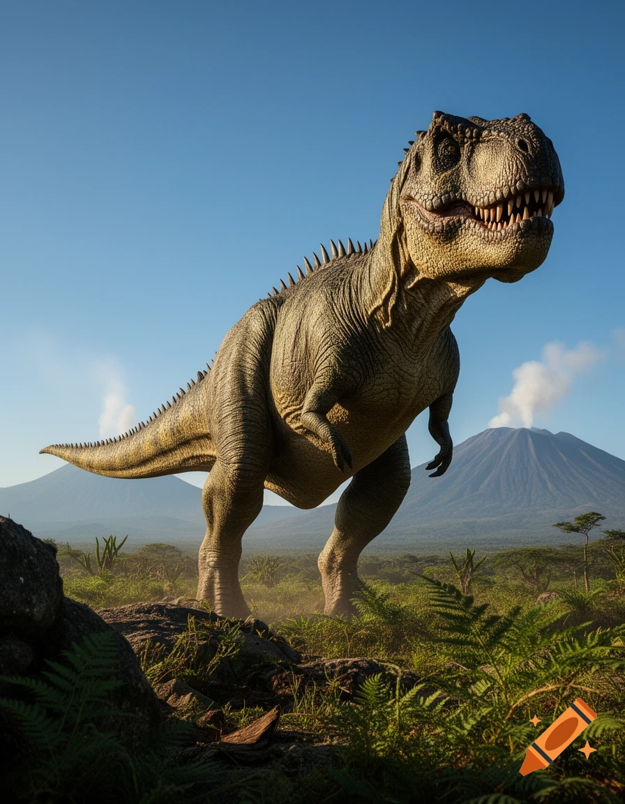 A large, realistic Tyrannosaurus Rex stands in a lush, prehistoric landscape with a smoking volcano under a clear blue sky.