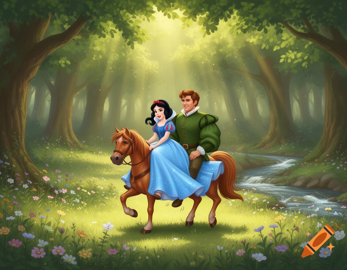 Snow White and a prince ride a brown horse through a sunlit forest filled with wildflowers, in a classic cartoon style.