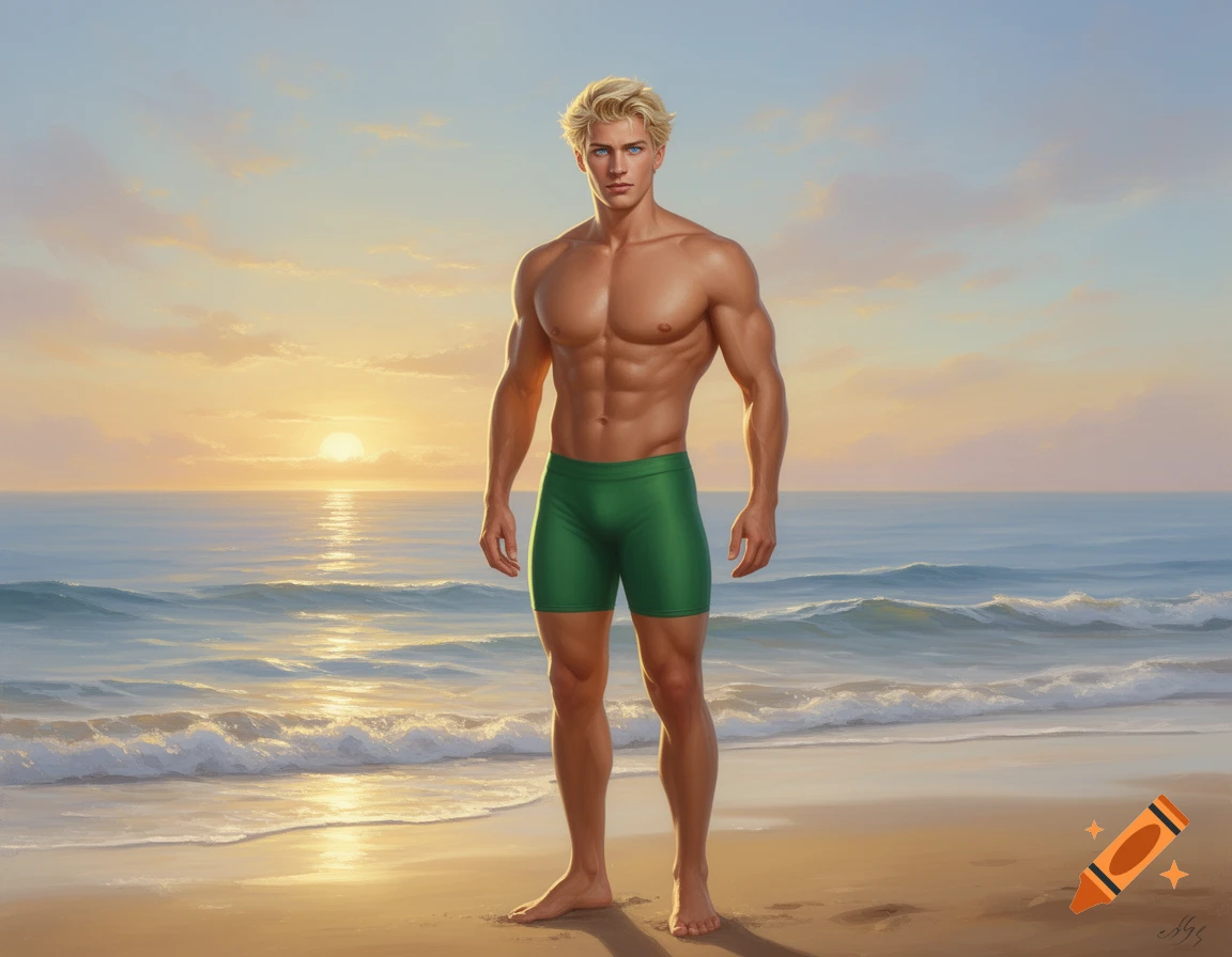 A muscular blond man in green swim trunks stands on a sandy beach at sunrise with waves.