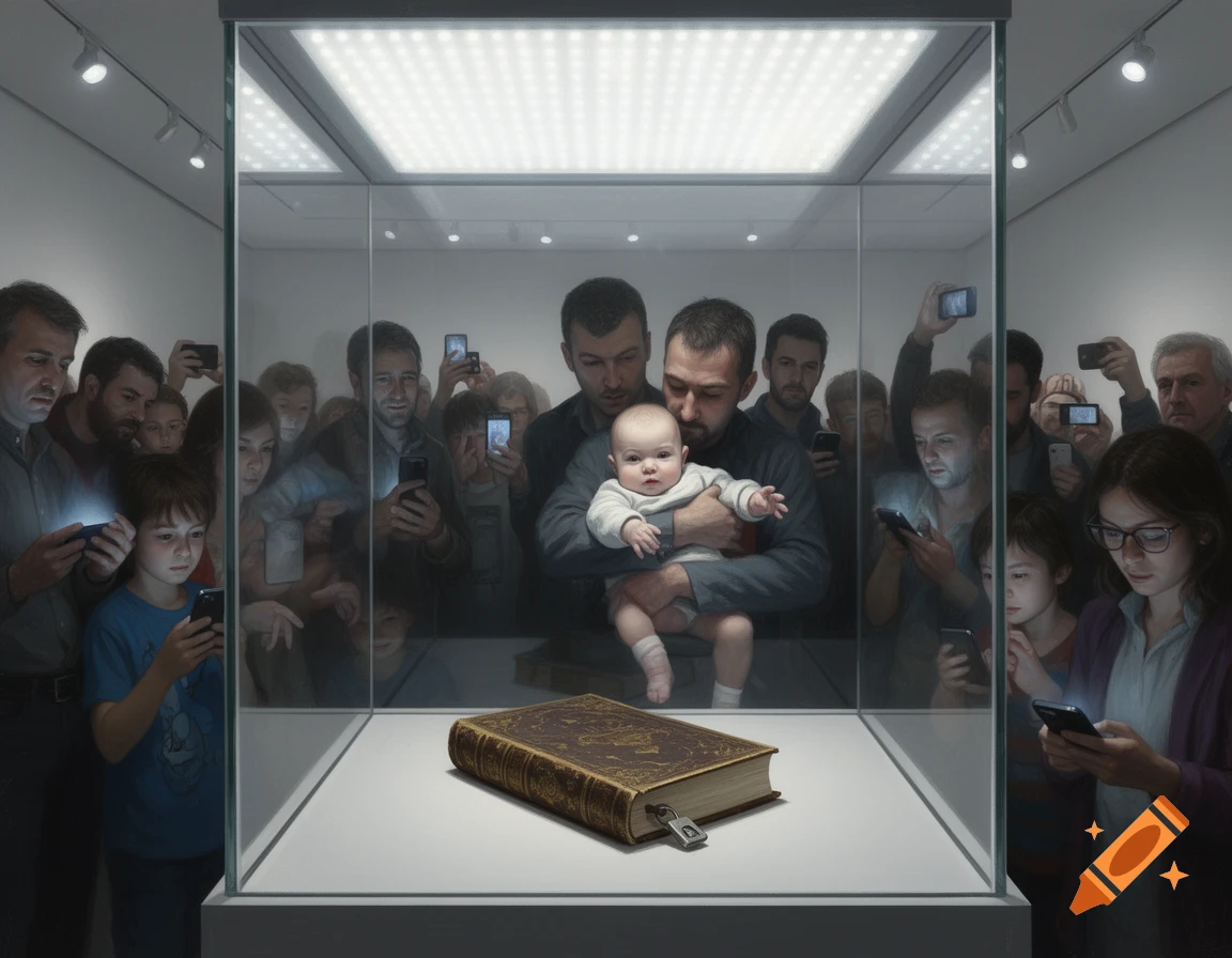 A crowd of people, many engrossed in smartphones, gather around a glass display case holding an ancient book. A father holds a baby reaching for the book.
