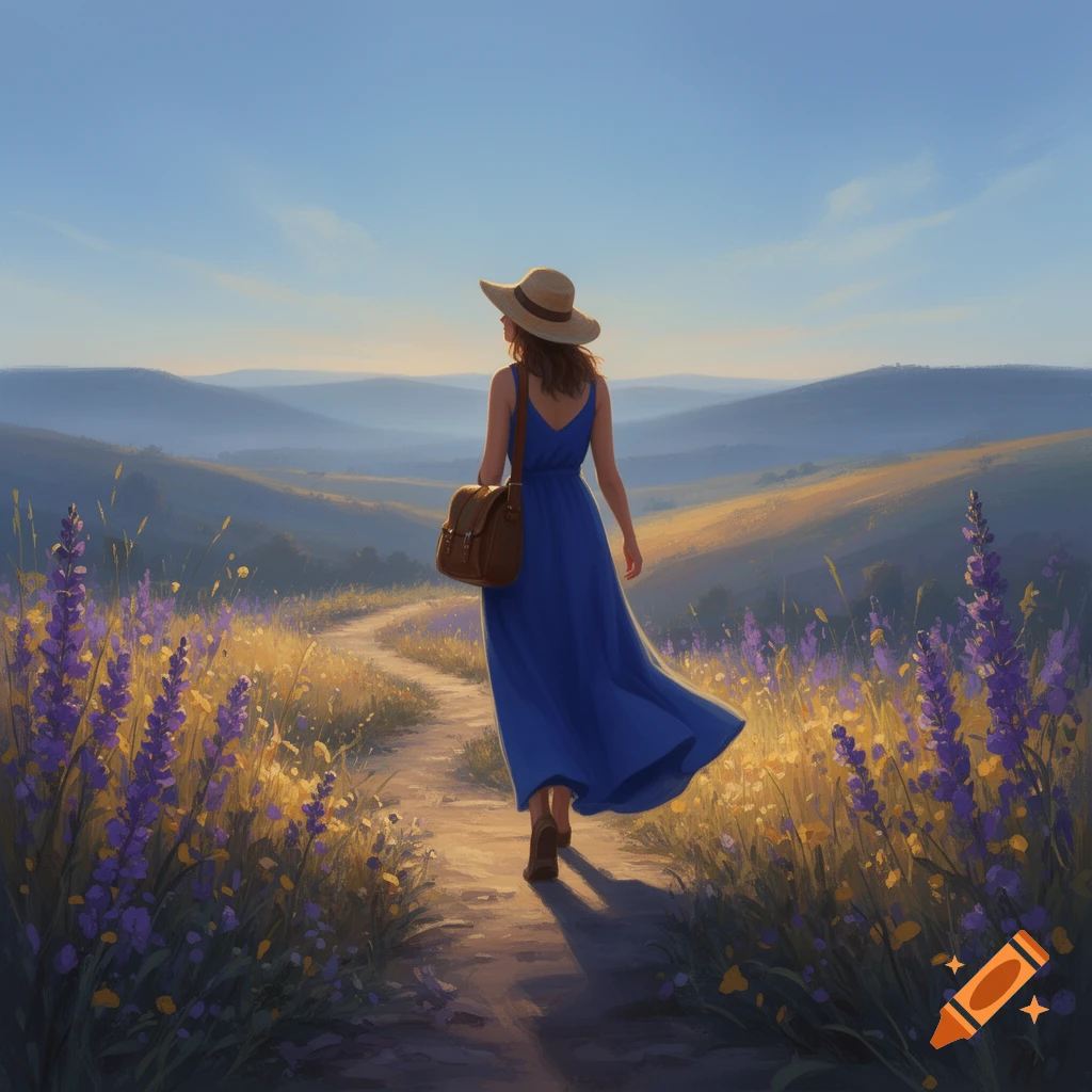 A woman in a blue dress and straw hat walks on a winding path through a ...