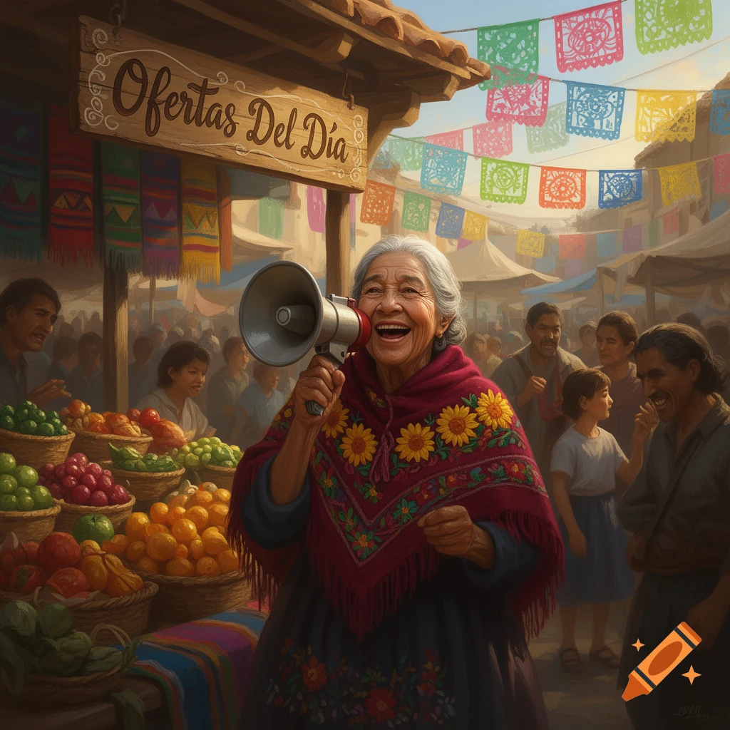 Smiling elderly woman with white hair holding a megaphone in a vibrant outdoor marketplace with colorful banners and fruit stalls.