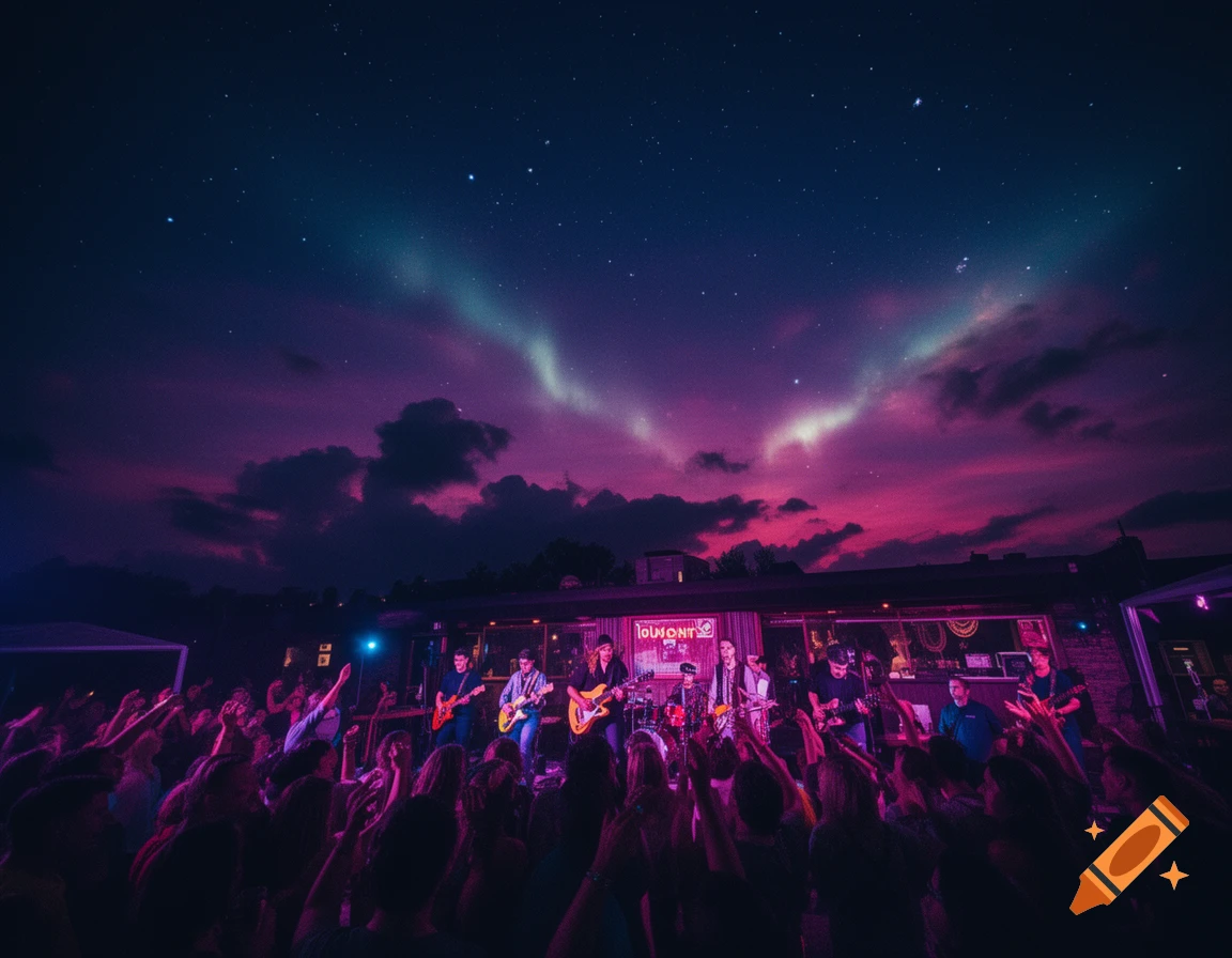 A band performs on an outdoor stage at night, lit by vibrant pink and purple lights, under a starry sky with an aurora, while a crowd cheers.