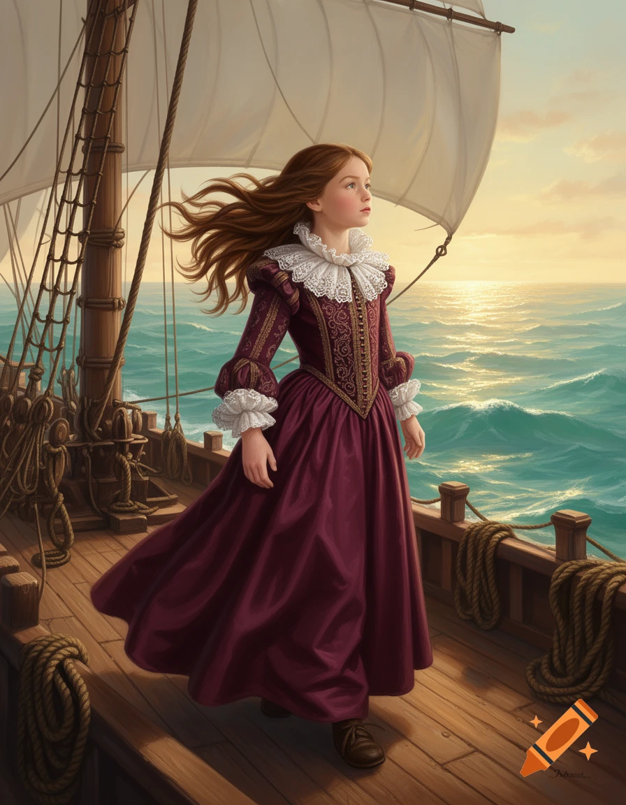 A young girl in a maroon 1500s dress with lace collar stands on a sailing ship's deck, looking at the sunrise over the sea.