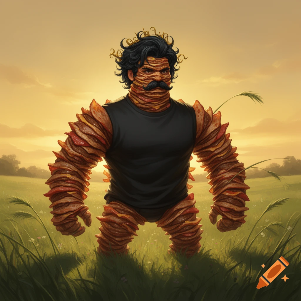 A Döner-Kebap Golem with a black shirt, dark curly hair, and a mustache, standing in a grassy field at sunset.