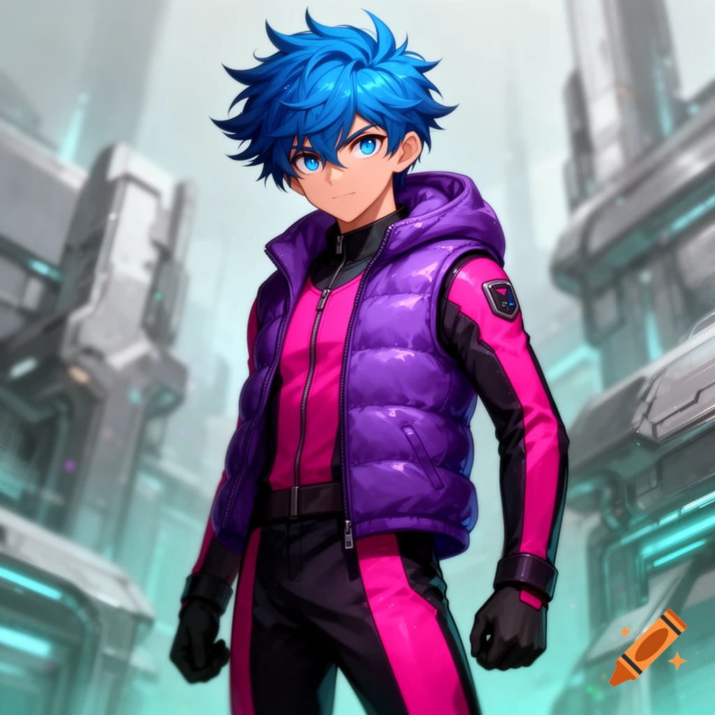 An anime boy with blue hair and eyes, wearing a purple hooded vest and a pink and black suit, standing in a futuristic city.
