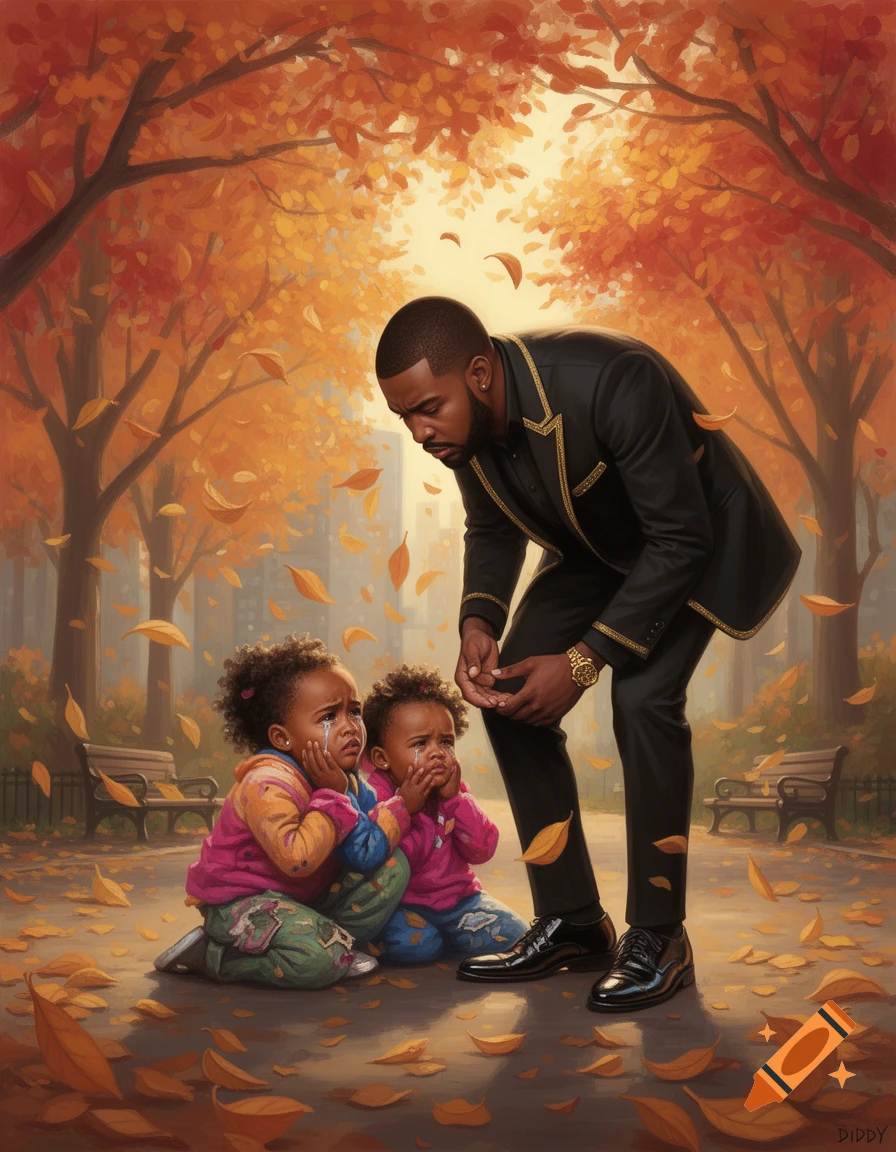 A man in a black suit bends towards two crying children kneeling on a path covered in fallen autumn leaves in a park.