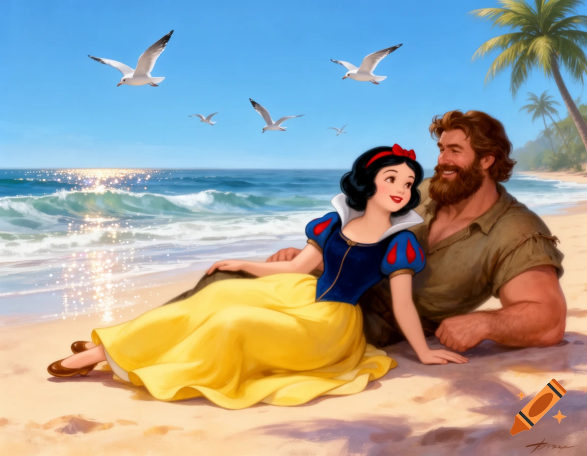 Snow White and a bearded man relaxing on a sunny beach in classic Disney 1937 cartoon style.