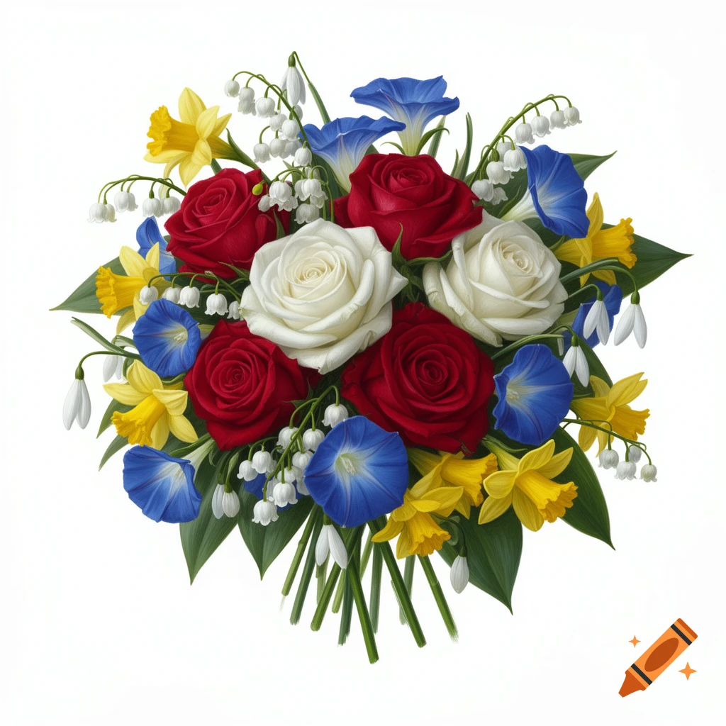 A vibrant bouquet featuring red and white roses, blue morning glories, yellow daffodils, white lilies of the valley, and snowdrops on a white background.