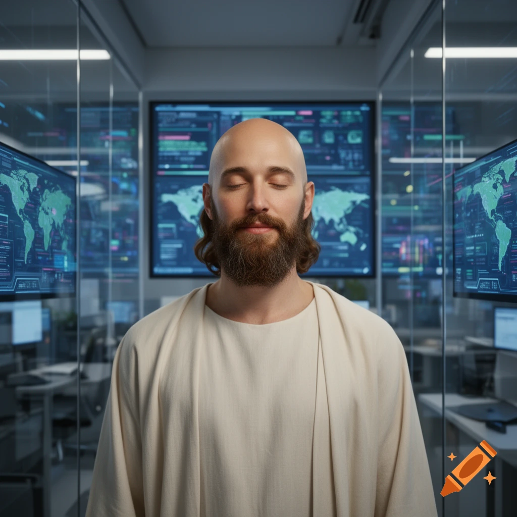 A bald, bearded man in a robe with eyes closed stands in a modern ...