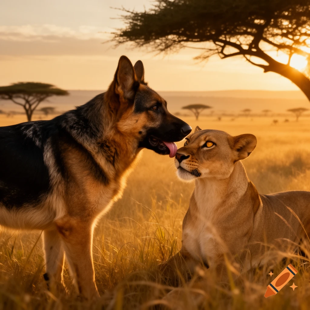 A German Shepherd dog gently licks a lioness during sunset in a golden savanna, with acacia trees in the background.