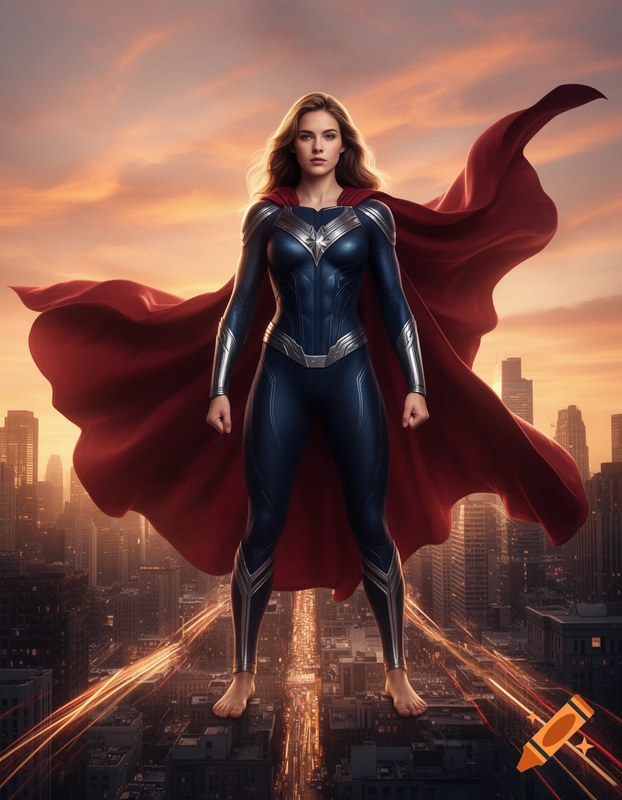 Photorealistic young woman in a blue superhero suit with a red cape ...