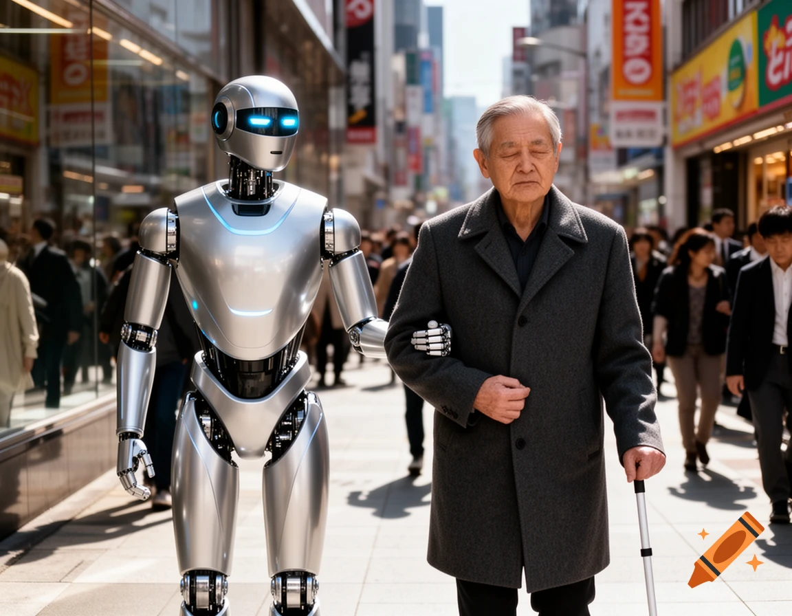 A silver robot assists an elderly man with a white cane on a busy city street.