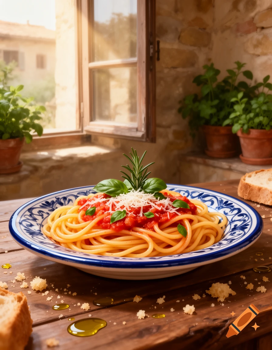 A plate of spaghetti with tomato sauce, parmesan, and basil sits on a wooden table in front of a sunny window.