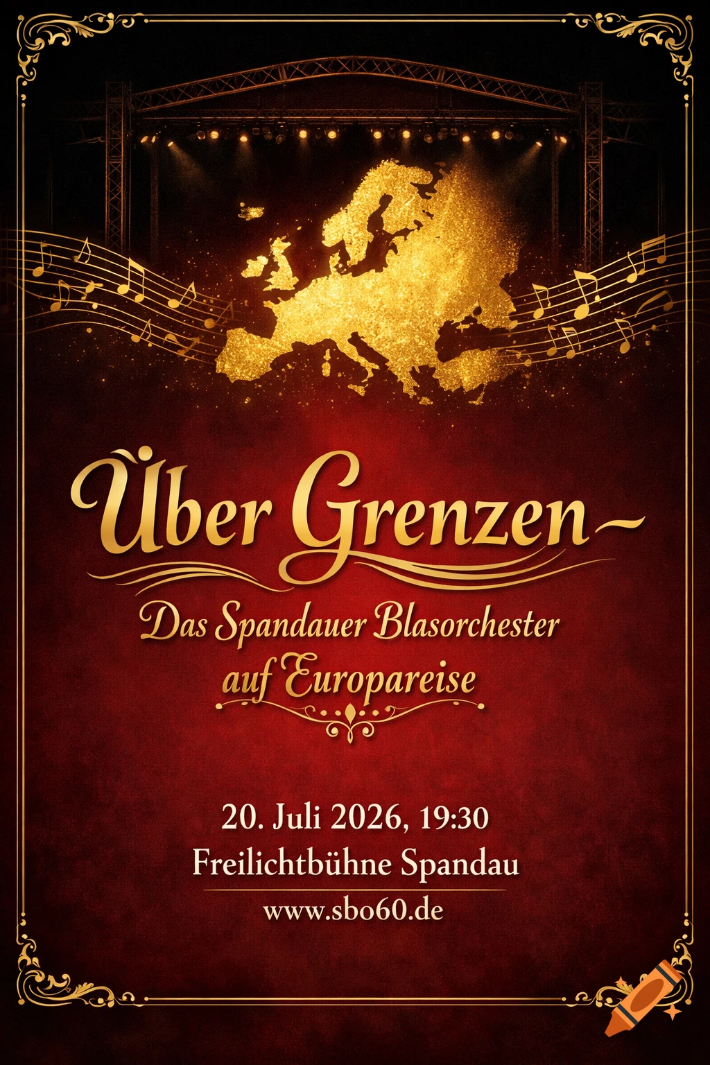 Concert poster with a golden, glittering map of Europe, musical notes, a stage silhouette, and elegant golden text on a red and black background.