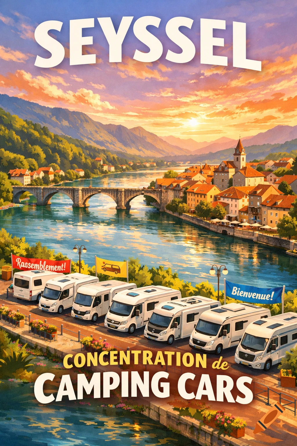 A stylized travel poster of Seyssel, France, featuring a row of white camper vans by a river, with a stone bridge and a charming town under a sunset sky.