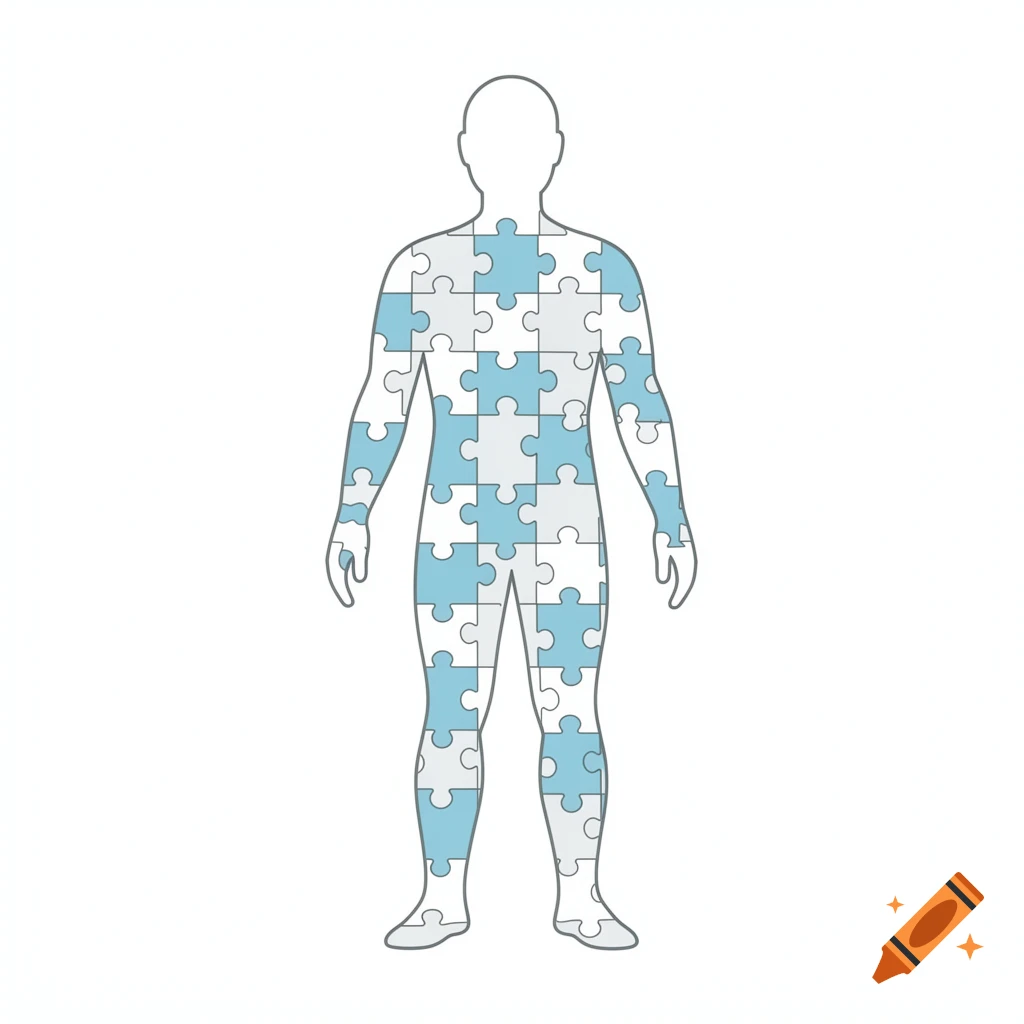 Minimalist vector illustration of a faceless human silhouette filled with light blue and white puzzle pieces on a white background.