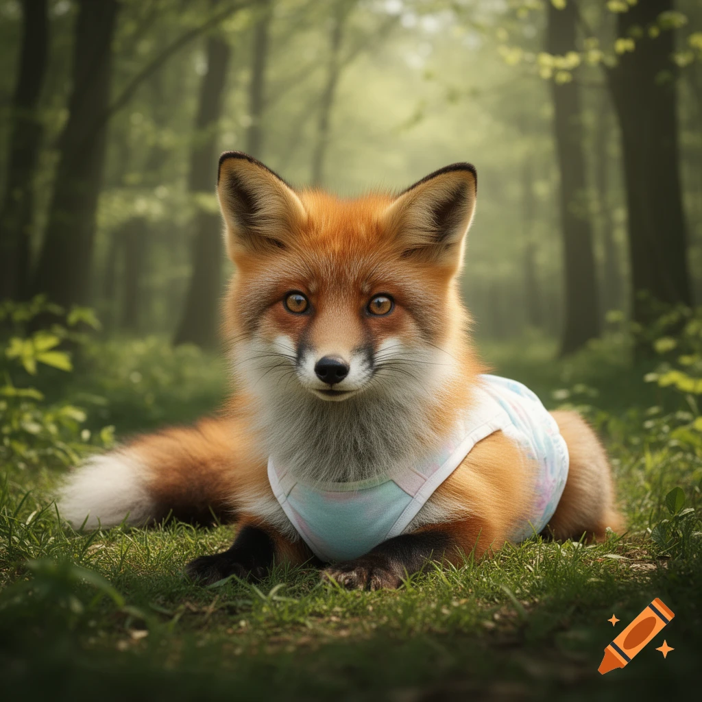 A photorealistic red fox lies on green grass in a forest, wearing a pastel diaper.