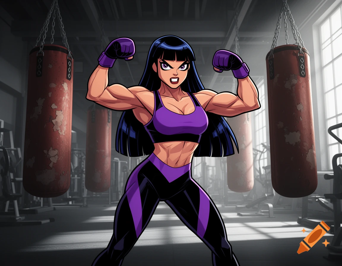 A muscular cartoon woman with black hair, wearing a purple sports bra and leggings, flexing her biceps in a gym with punching bags.
