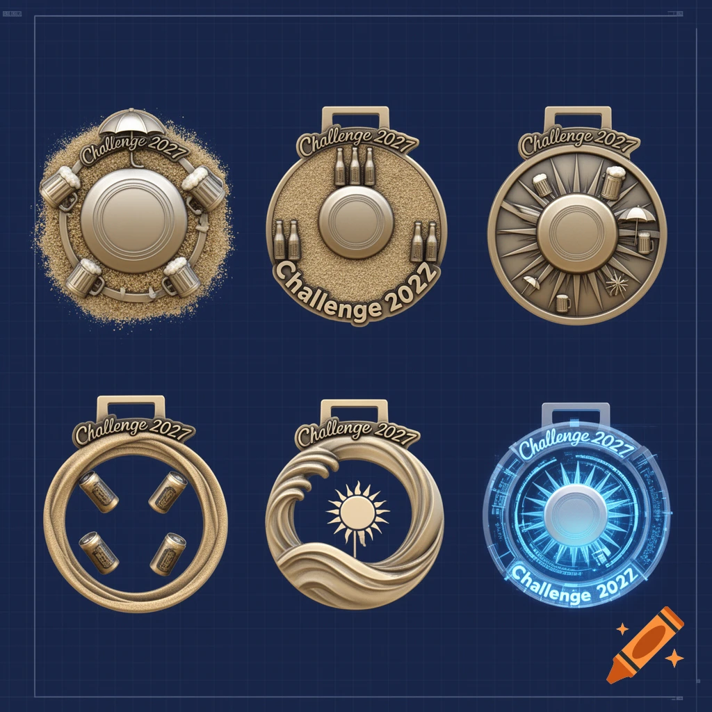 Six detailed gold and blue medal designs featuring frisbees, sand, beer, umbrellas, sun, and challenge text.