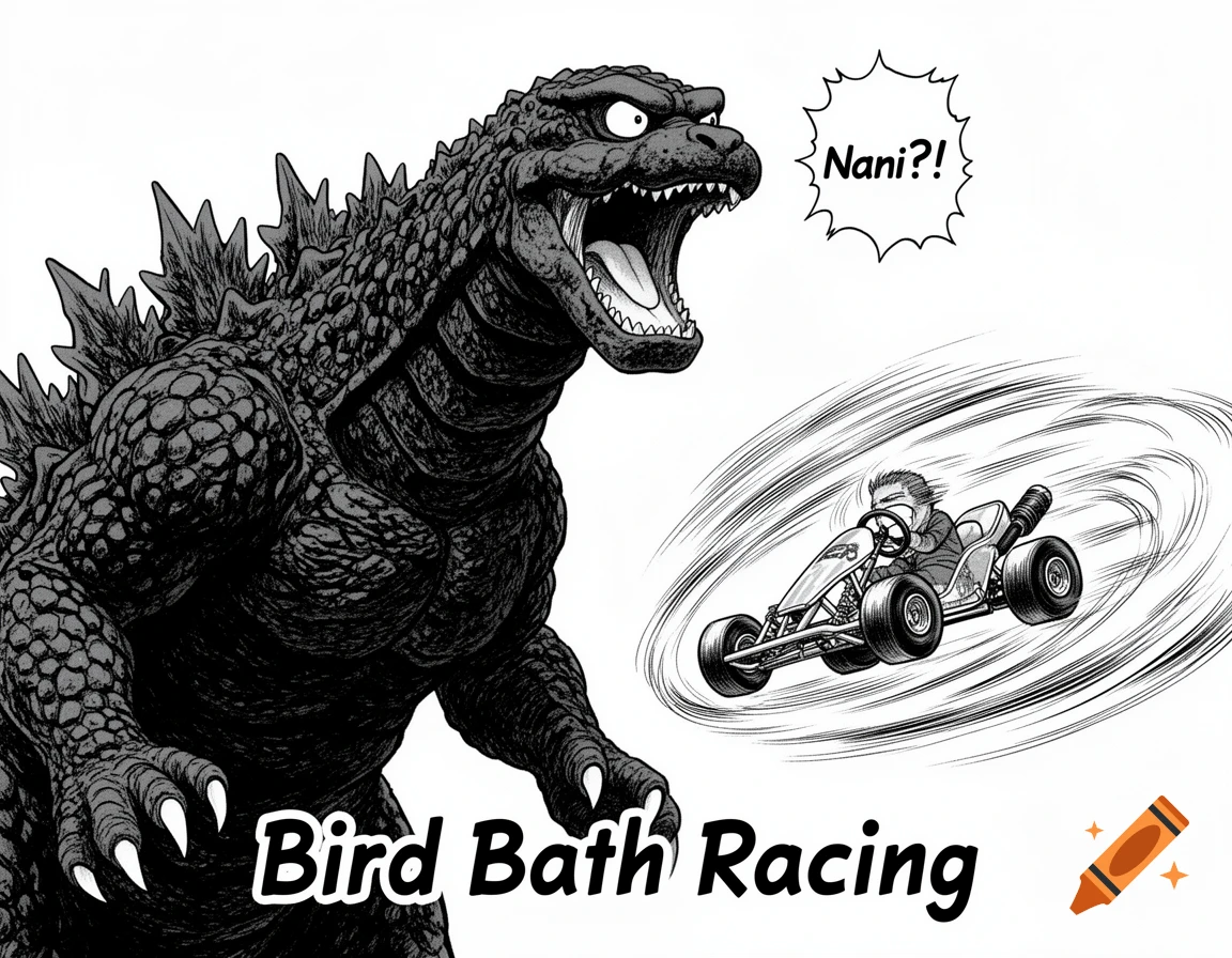 Black and white manga illustration of Godzilla screaming 'Nani?!' as a go-kart speeds past him with 'Bird Bath Racing' written below.