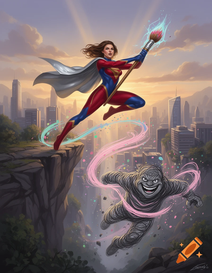 A female superhero in a red and blue suit leaps from a cliff, wielding ...