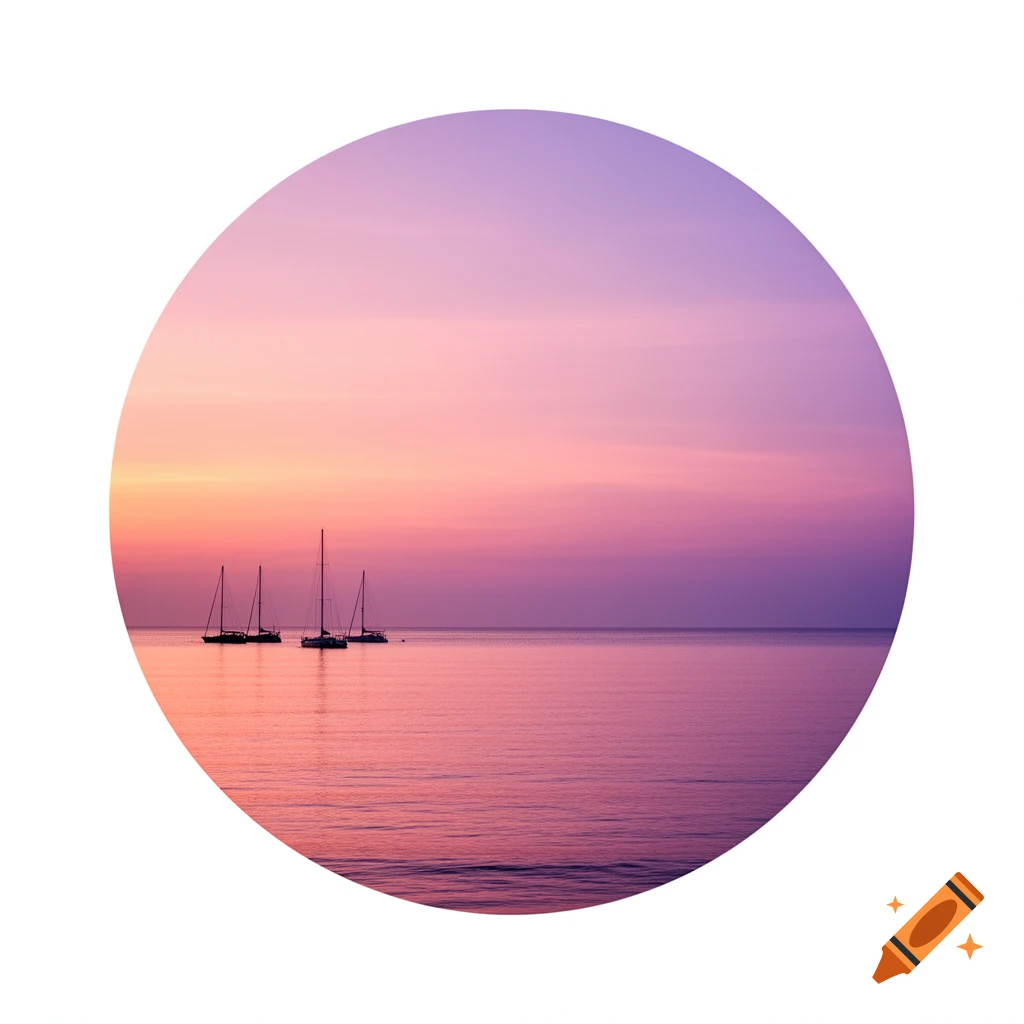 A circular image of sailboat masts silhouetted against a pastel orange, pink, and purple sunset over a calm ocean.