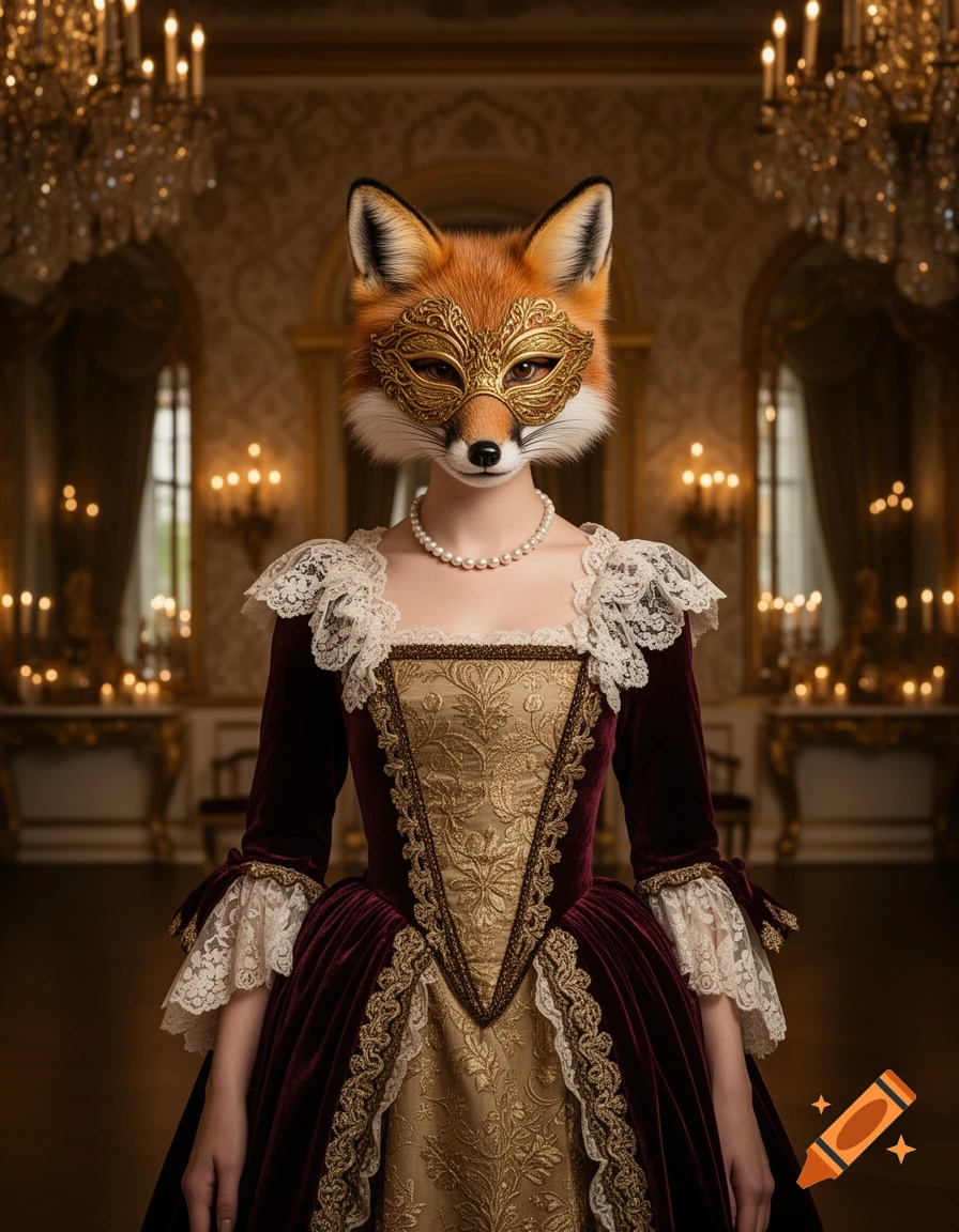 A fox-headed person with a golden mask and pearl necklace wears an elaborate burgundy and gold historical gown in a grand ballroom.