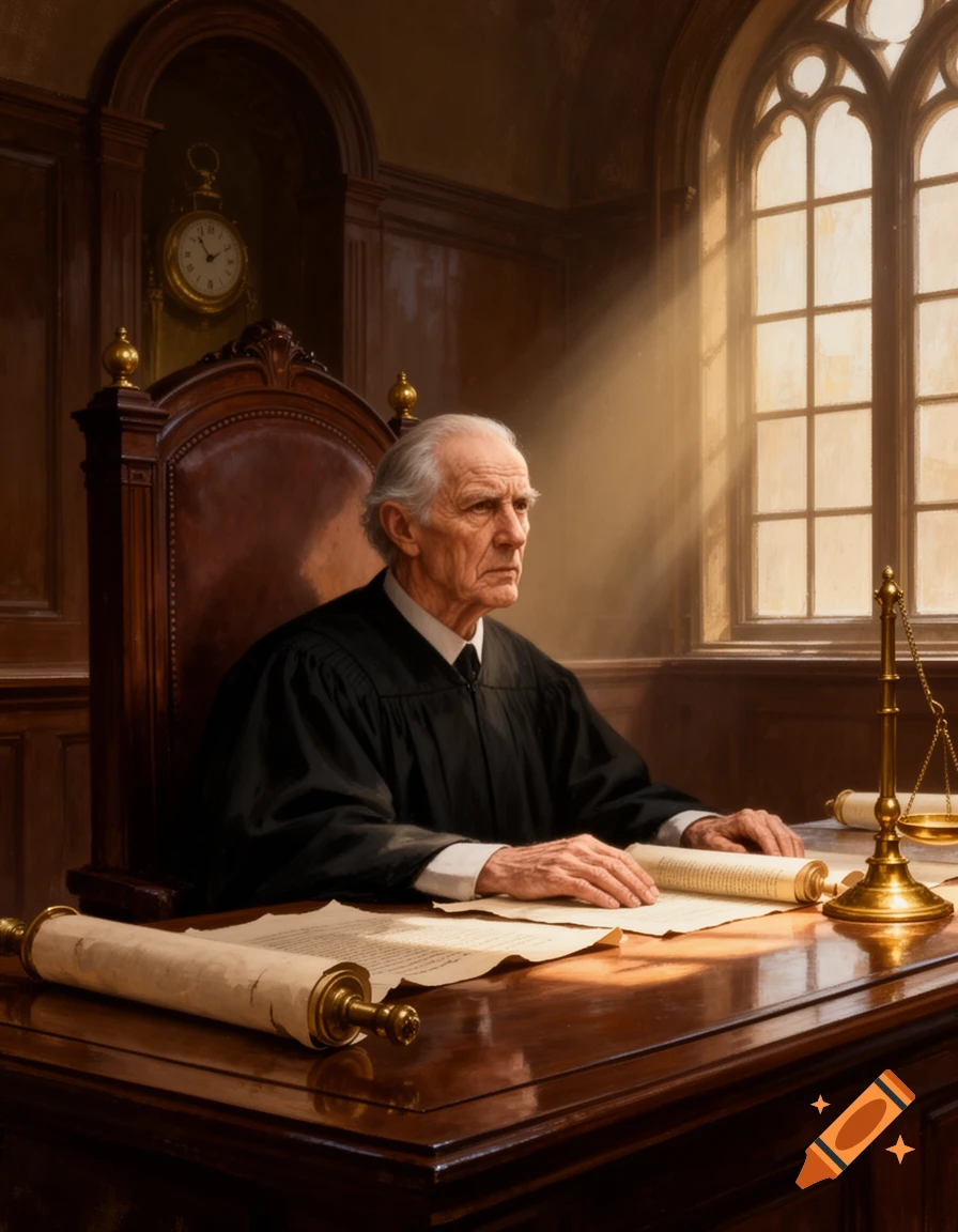 A distinguished, elderly judge in a black robe sits at a wooden desk in a traditional courtroom, with sunlight streaming through a large window.