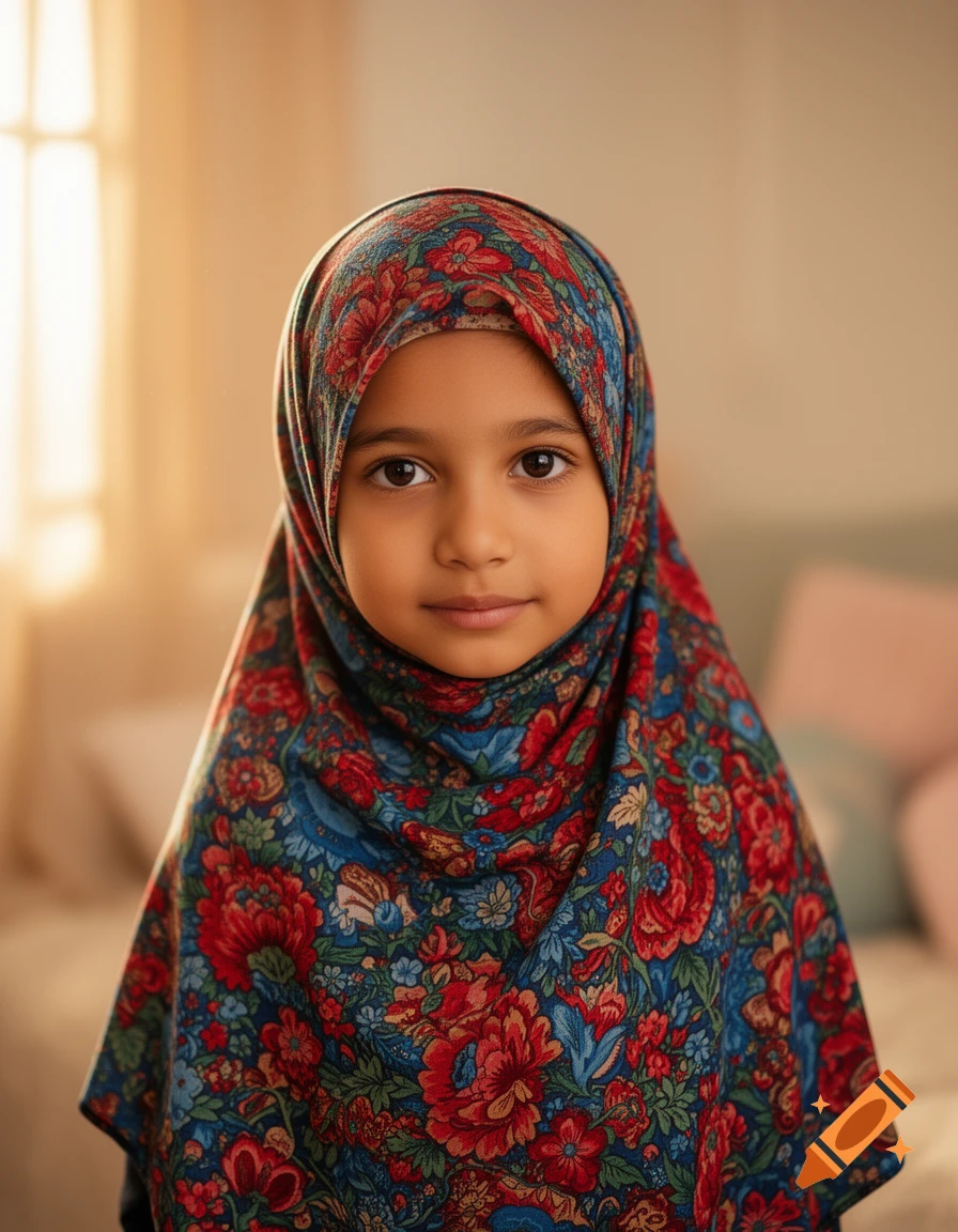 A young girl with dark eyes wears a vibrant red, blue, and green floral hijab, looking straight ahead in a photorealistic portrait.