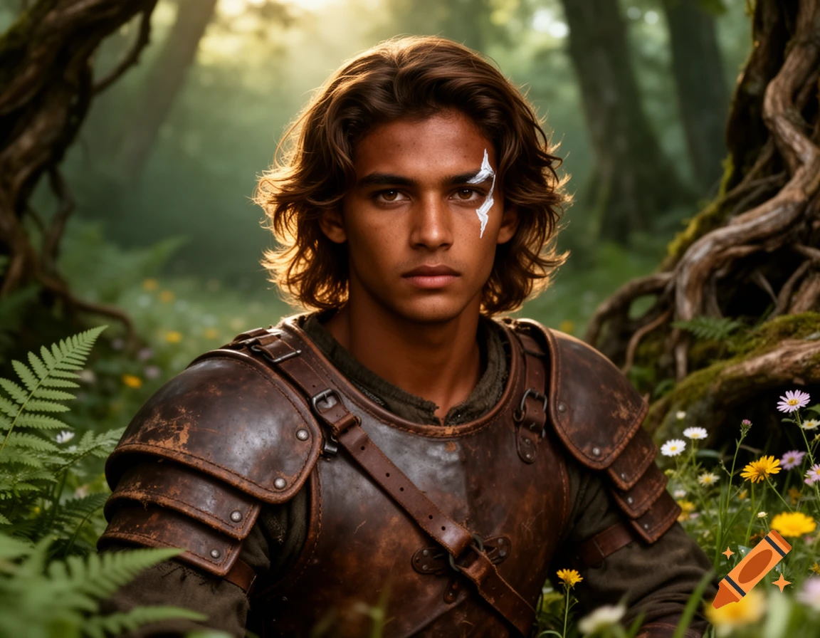 A young man with long brown hair and a white scar, wearing leather ...