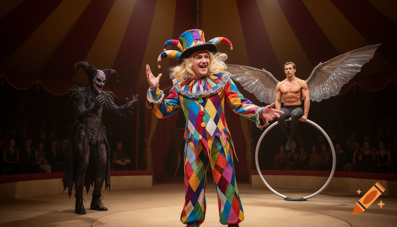 A colorful jester, an evil jester, and a winged acrobat perform in a circus tent.