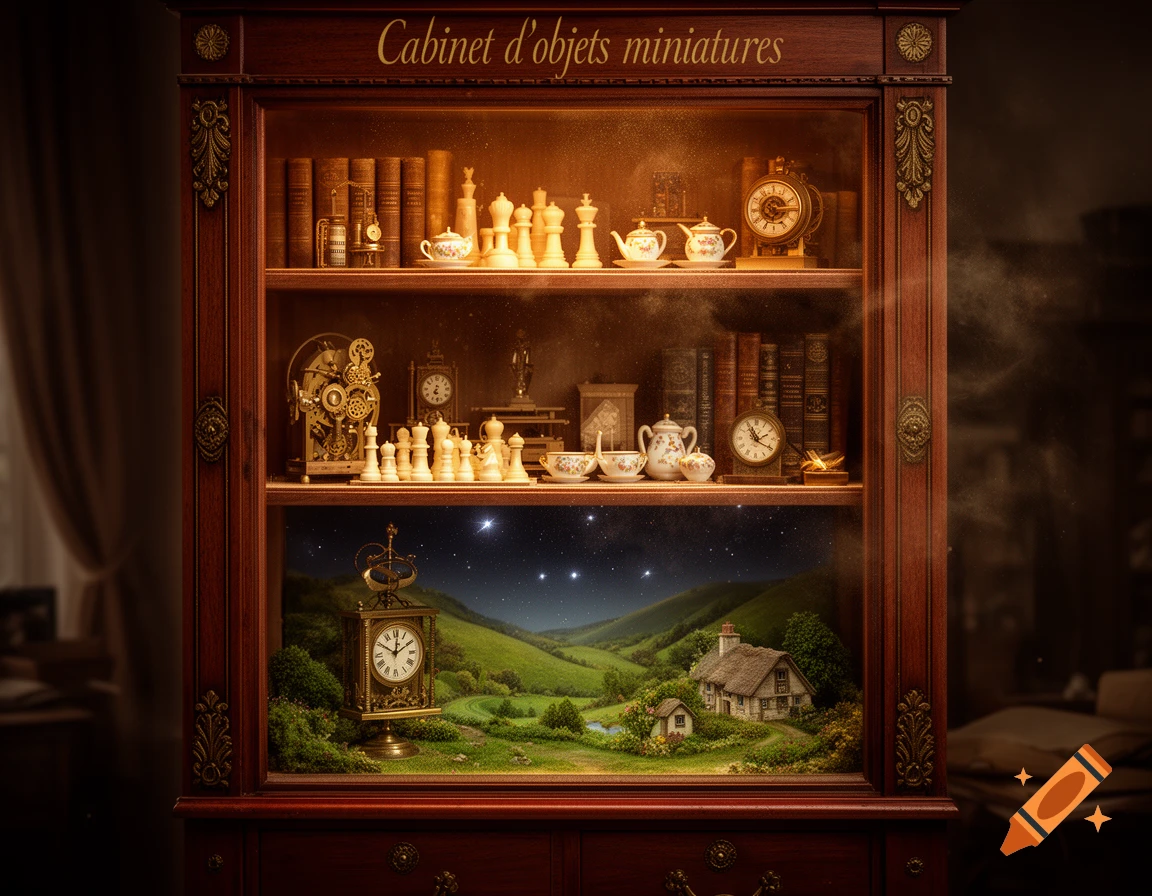 An antique wooden cabinet displaying miniature chess sets, clocks, and a detailed diorama of a starry landscape with a cottage.