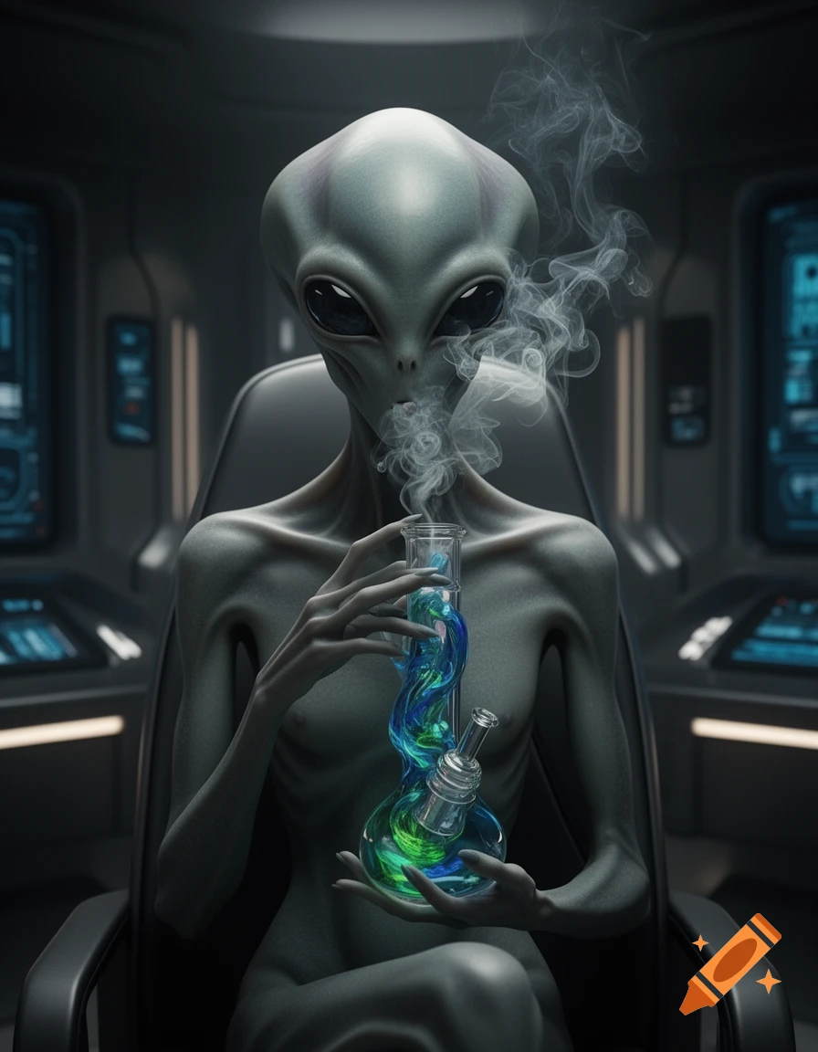 A grey alien with large dark eyes sits in a futuristic spaceship, exhaling smoke from a glowing blue and green bong.