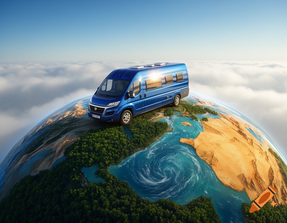 A blue camper van on a detailed globe of Earth, surrounded by clouds and a blue sky.