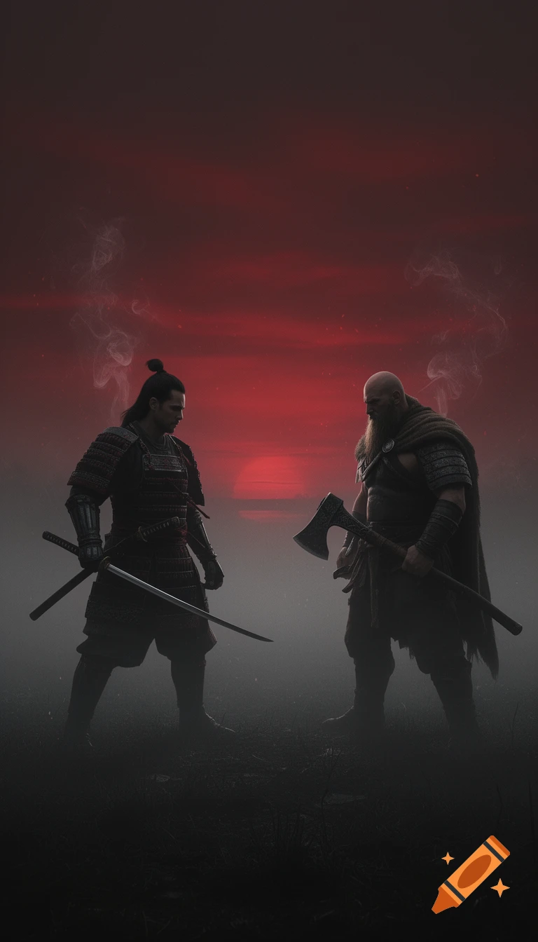 A samurai and a Viking face each other on a foggy battlefield at dawn, silhouetted against a red sky in a dark fantasy style.